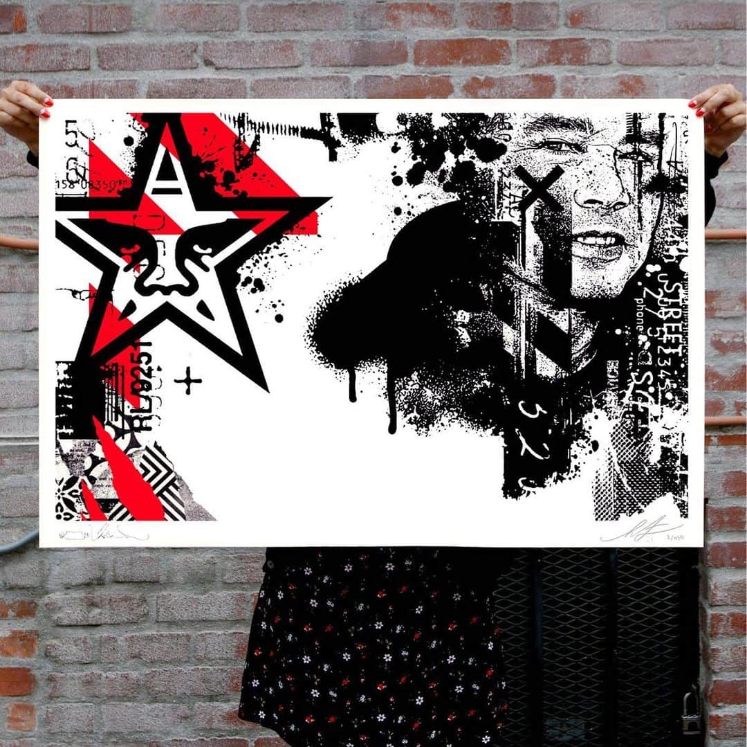 Shepard Faireyのインスタグラム：「NEW Print Release: “WK / Shepard Portrait” In collaboration with @wkinteract. Available Thursday, May 18th @ 10 AM PDT  I’ve known @wkinteract for almost 25 years, but I admired his art for many years before that. When I started putting art up on the streets of NY in the early 90s, WK had some of the best murals around lower Manhattan. We’ve collaborated a few times over the years, and when I was in NYC in December, WK shot some portraits of me as part of an artist homage series. Usually, I’m uncomfortable being the subject of art pieces, but I love what he did with the final art because it merges our aesthetics very harmoniously… and my face is less of the focus! I’m honored by what WK did, and we’ll be releasing a collaborative print based on his fine art imagery of this on Thursday, 5/18 @ 10 AM PDT. –Shepard  From @wkinteract: In 2009, I was invited by Shepard Fairey to have a solo show at the Subliminal Project Gallery in Los Angeles. 14 years later, I have the pleasure of visiting Subliminal Projects once again... to sign a new limited edition print, on which we collaborated.  I met Shepard long ago... I've joined him on many adventures around the world, from Berlin, Japan, NYC, Los Angeles, Miami, Chicago, to Paris. Early on, I realized as we were hitting the streets with paste ups, that we shared something in common and that was the constant desire to work.  Shepard was the first person to contact me and extend an invitation to participate in the game. I admire how sharp he is... he forgets nothing. I'm grateful that he let me paint his portrait, but I'm mostly honored to call him my friend. –WK  PRINT DETAILS: WK / Shepard Portrait. 36 x 24 inches. Screen print on French Speckletone True White. Signed by WK and Shepard Fairey. Numbered edition of 450. Comes with a Digital Certificate of Authenticity provided by Verisart. $110. Available on Thursday, May 18th @ 10 AM PDT at https://store.obeygiant.com. Max order: 1 per customer/household. International customers are responsible for import fees due upon delivery (Except UK orders under $160).⁣ ALL SALES FINAL.」