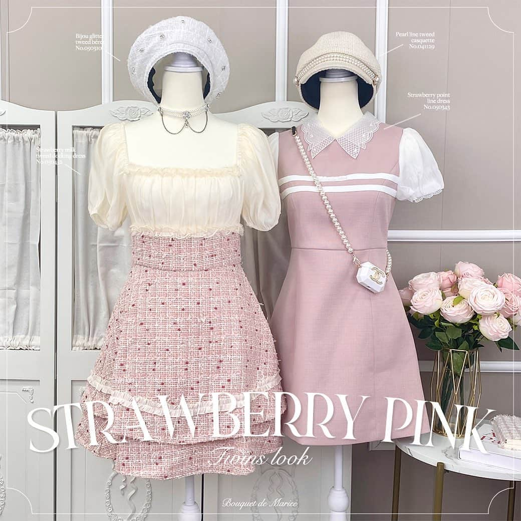 𝐵𝒐𝒖𝒒𝒖𝒆𝒕𝒅𝒆𝑴𝒂𝒓𝒊𝒆𝒆のインスタグラム：「🍓𝑆𝑡𝑟𝑎𝑤𝑏𝑒𝑟𝑟𝑦 𝑚𝑖𝑙𝑘 𝑙𝑜𝑜𝑘🍼  ピンクとホワイトの組み合わせで 甘〜い雰囲気のコーデを楽しんで♡  ツイード生地なので高級感たっぷりです🪡  #ピンクコーデ #ツイードコーデ #量産型 #フレンチガーリー #メンカラコーデ #参戦服コーデ #推し色 #すとぷりすなーさんと繋がりたい #ジャニオタさんと繋がりたい #参戦服 #ガーリーコーデ」