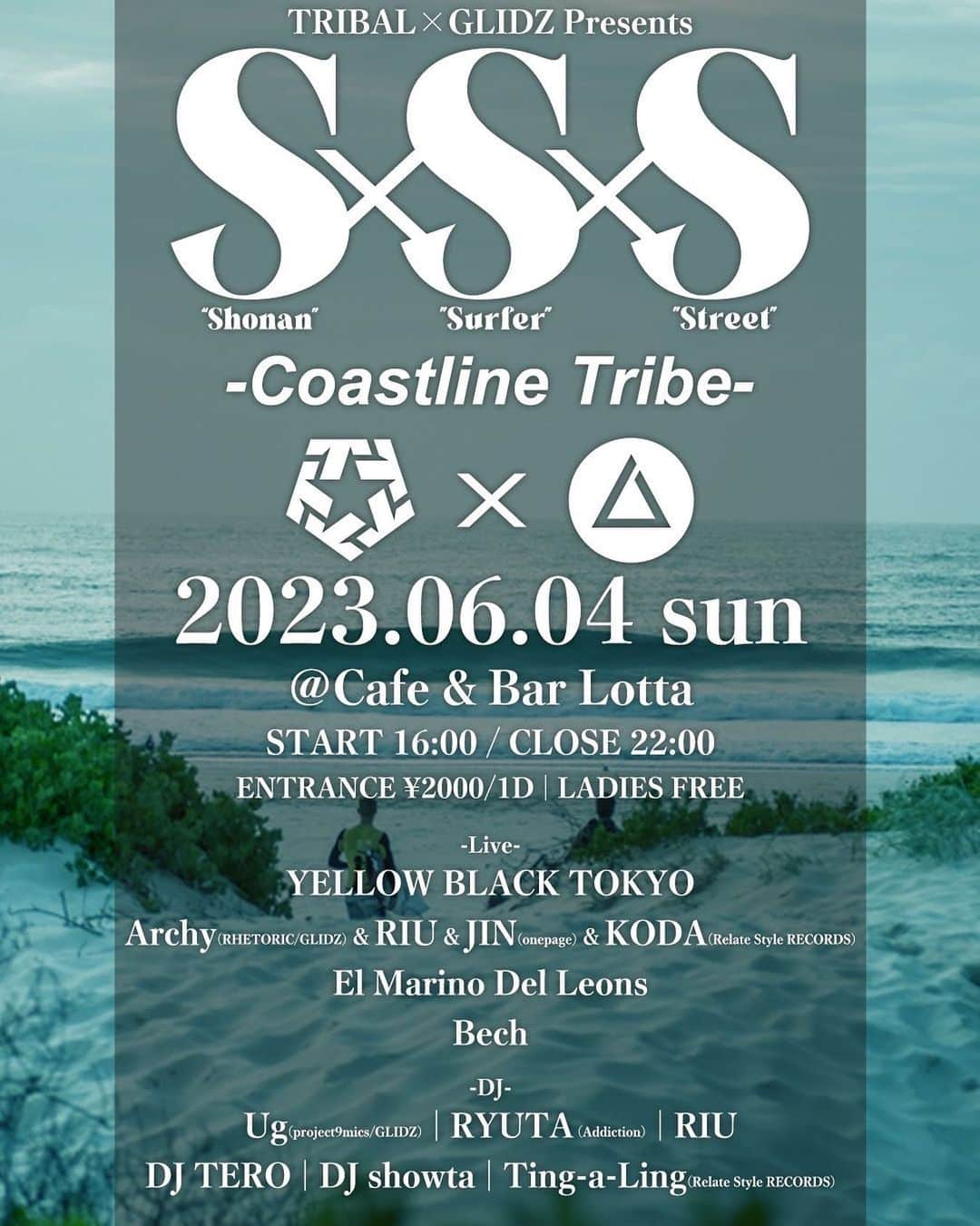 TEEDAのインスタグラム：「YELLOW BLACK TOKYOとして参戦しますっ🔥🔥🔥  TRIBAL×GLIDZ Presents 『SxSxS -Coastline Tribe-』 2023.06.04(sun) ＠Cafe & Bar Lotta START 16:00 / CLOSE 22:00 ENTRANCE ¥2000/1D LADIES FREE 平塚市明石町6-2 エムズ湘南 2F (JR平塚駅北口 徒歩5分) tel 0463-51-6868  -Live- YELLOW BLACK TOKYO Archy(RHETORIC/GLIDZ) & RIU & JIN(onepage) & KODA(Relate Style RECORDS) El Marino Del Leons Bech  -DJ- Ug(project9mics/GLIDZ) RYUTA (Addiction) RIU DJ TERO DJ showta Ting-a-Ling(Relate Style RECORDS)  #yellowblacktokyo #ybt #teeda #big_kit_kat #back_on_jpn #meloiksign #tribalgear #glidz #sss #lotta」