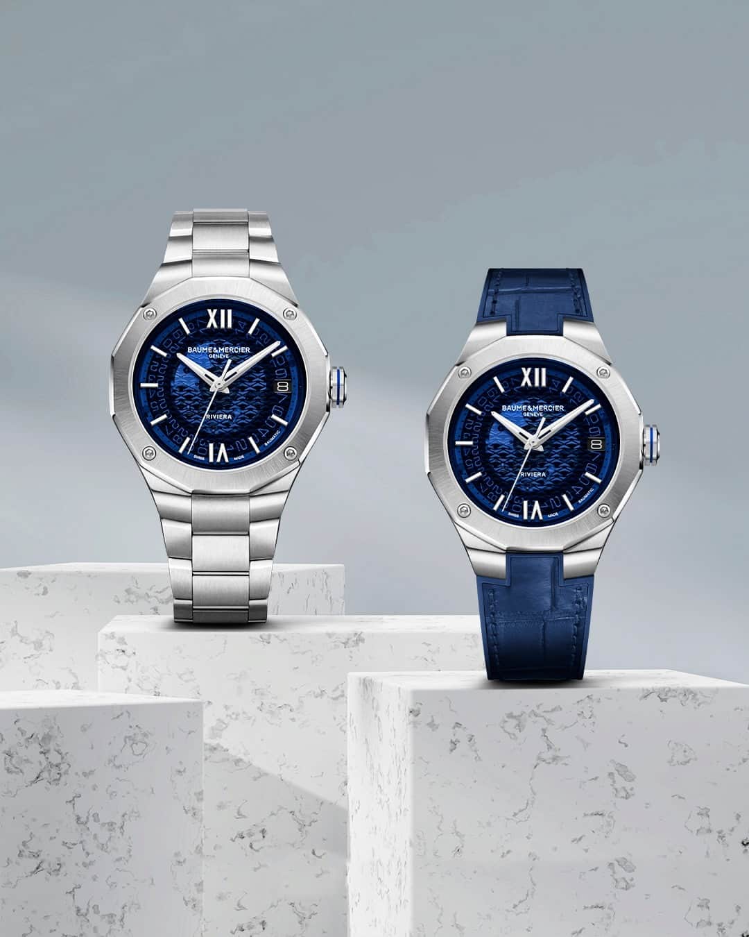 ボーンメルシーのインスタグラム：「E-BOUTIQUE EXCLUSIVITY - LIMITED STOCK  2 bracelets, 2 looks, 2 styles. One day more elegant, the next day more sporty, take advantage of the exclusive online offer to obtain the Riviera 10746 packaged with a metal bracelet and a rubber/alligator strap.  Learn more about the timepiece at the link in our bio. -- Riviera 10746 39 mm, Baumatic Manufacture movement, Stainless steel case, Smoked blue sapphire crystal dial, Date aperture at 3 o'clock, 5 days Power Reserve, Chronometric precision, Antimagnetic to 1500 Gauss, Fast Strap technology - Interchangeable strap system.  Eligible for an 8-year warranty -- #BaumeetMercier #ShapingTime #Riviera #Since73 #WatchCollector #Horology #DailyWatch #Watches #Watch #SwissMade #WatchOfTheDay #WatchesOfInstagram #WatchLover #WatchAddict #WristWatch #InstaWatch #InstaWatches」