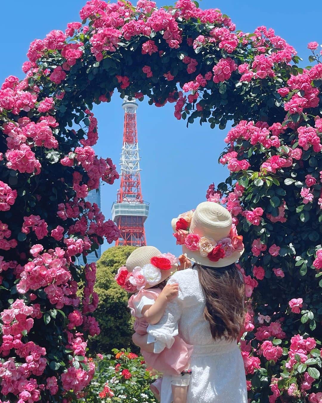 加藤雅美のインスタグラム：「. 先日、仲良しのきっちゃん(@megu813 )親子と あいぴー(@aiko_kayo1211 )と一緒に 芝公園にある薔薇のアーチを見に 行ってきましたー☺️🌹✨ . 5/10に行ってちょうど満開で見頃でした🥰 薔薇と東京タワーのコラボが綺麗だった🥹✨ . そしてきっちゃん親子が たまらないほど可愛かった〜😍🫶💕 お花の可愛いお揃いの帽子は きっちゃんのお手製なんだそう🥹👒❤️ いつも癒しをありがとう🥰🙏💖 . 私もきっちゃんの娘の可愛い のあちゃんと一緒に親子かのように 撮らせてもらいました😂🙏❤️笑 良い思い出になりました☺️💖 . 薔薇は５月が見頃だそうです🌹 可愛いわんちゃんたち🐶も たくさん訪れていて薔薇と 写真撮影をしていました🥰✨ 気になる方はぜひ💖 . #東京タワー #芝公園 #芝公園 #薔薇 #🌹 #バラ #バラ園  #バラのモニュメント #バラのアーチ #東京タワーと薔薇 #🗼 #tokyotower #母と娘 #花の帽子 #👒 #可愛い親子 #今吉めぐみ #かよう愛子 #加藤雅美 #SDN48 #東京子連れ #子連れ東京 #子連れお出かけ #港区 #東京観光  #friends #love #rose #tokyo #japan #me」