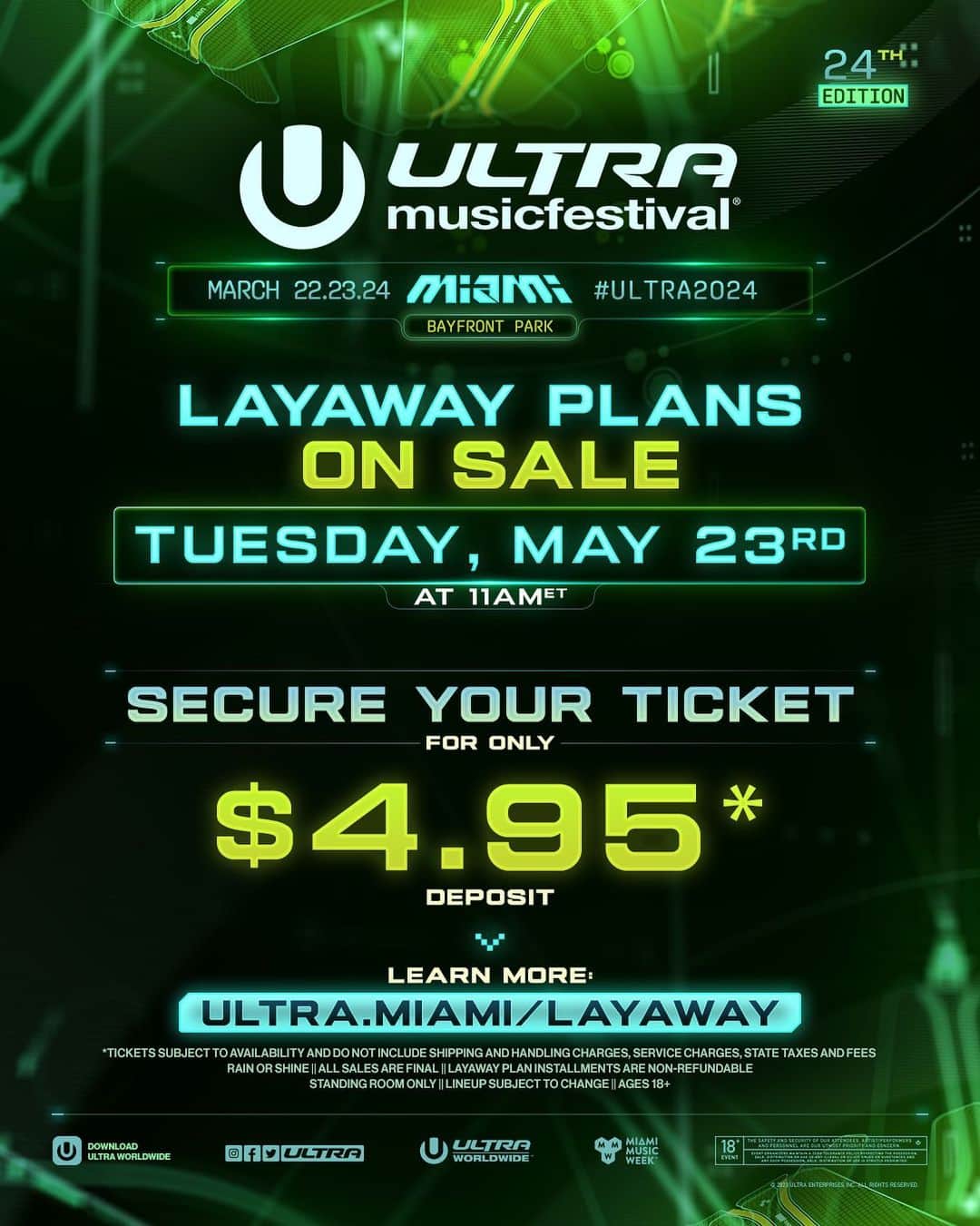 Ultra Music Festivalのインスタグラム：「Mark your calendars! Layaway Plans for #Ultra2024 go on sale Tuesday, May 23 at 11AM ET for a LIMITED TIME ONLY for only $4.95 down! This will be your ONLY opportunity to purchase Layaway Plans, so do not miss it!   Learn more at ultra.miami/layaway」