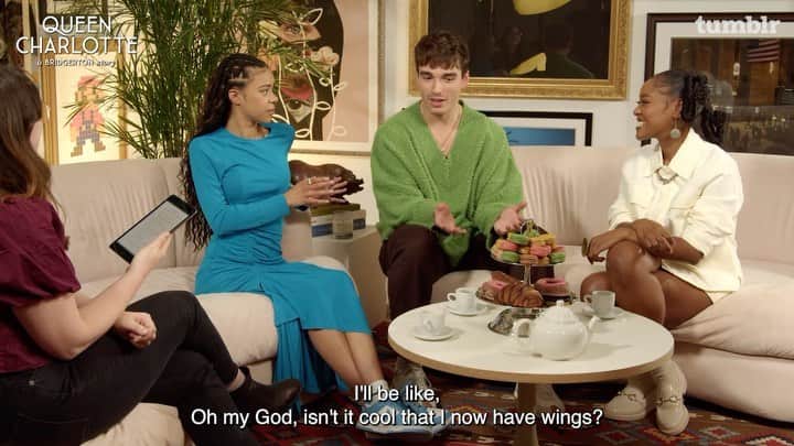 Tumblrのインスタグラム：「can someone please get @coreymylchreest some wings???🪽  👉 go to netflix.tumblr.com to see more clips from our answer time with the cast of @bridgertonnetflix! 👑」
