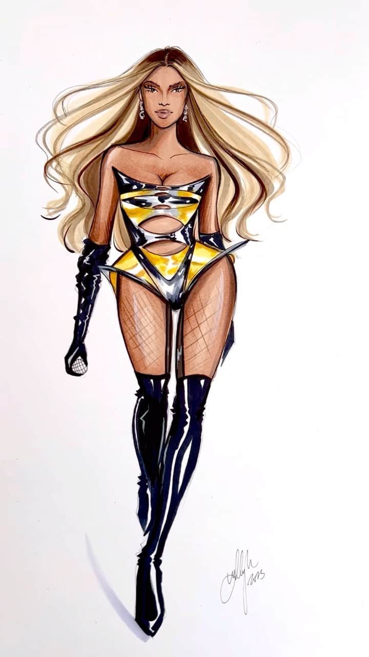 Holly Nicholsのインスタグラム：「Beyoncé in Mugler, Renaissance World Tour, styled by @shionat 🐝🪩🐴 #beyonce #renaissanceworldtour #beyhive #fashionillustration #asmr #copicmarkers #illustration」