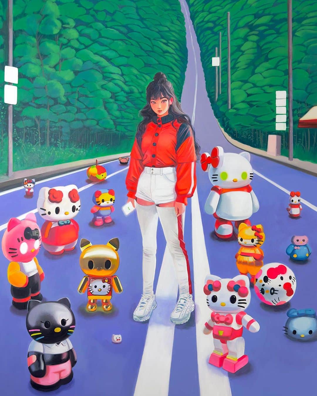 門小雷のインスタグラム：「Failed To Dial The Real Kitty (2023) Acrylic on canvas 135 x 175 cm  There is always a mistake when dialing a phone number in dreams.」