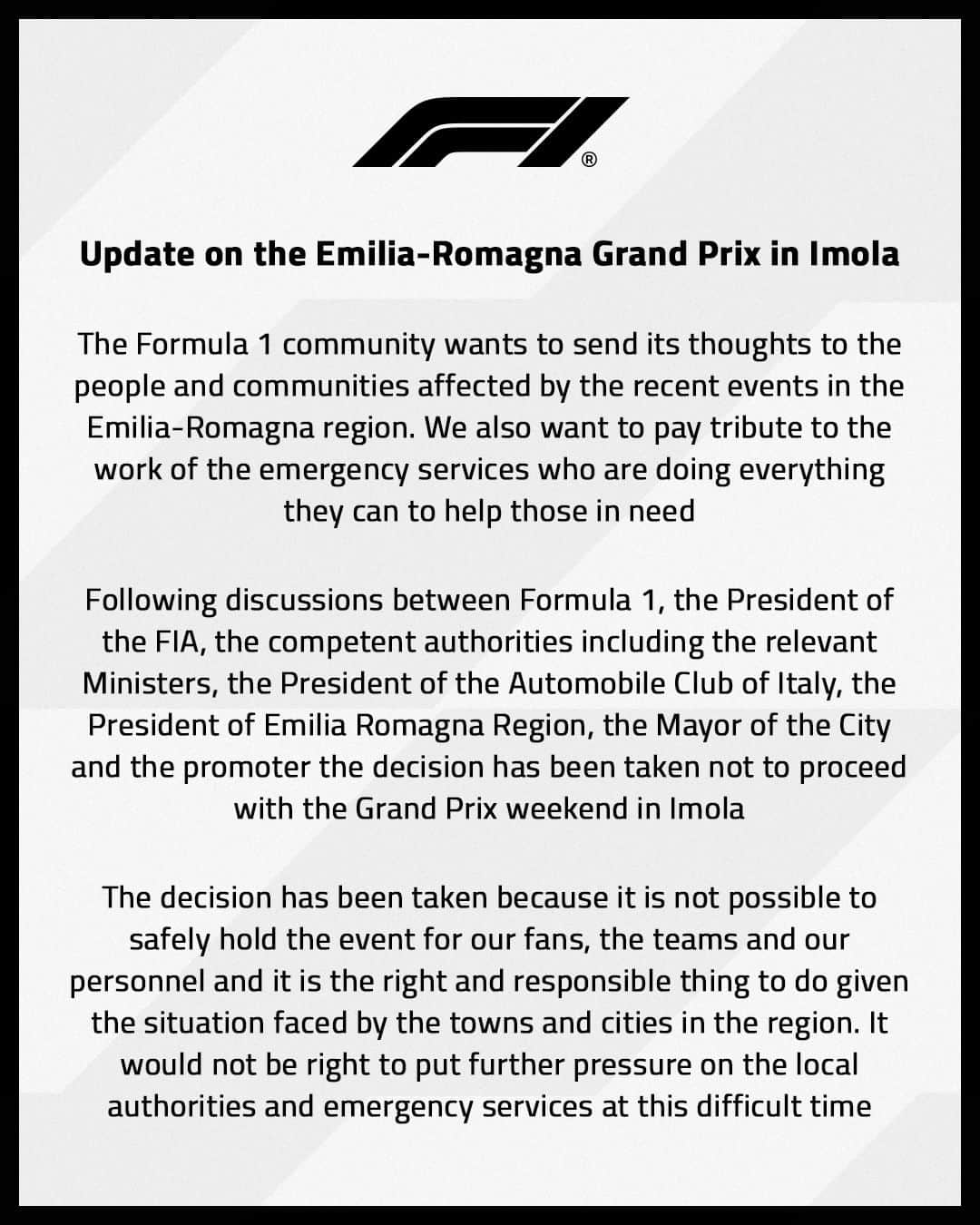 F1さんのインスタグラム写真 - (F1Instagram)「The decision has been taken not to proceed with the Grand Prix weekend in Imola  #F1 #Formula1 #EmiliaRomagnaGP」5月17日 20時16分 - f1