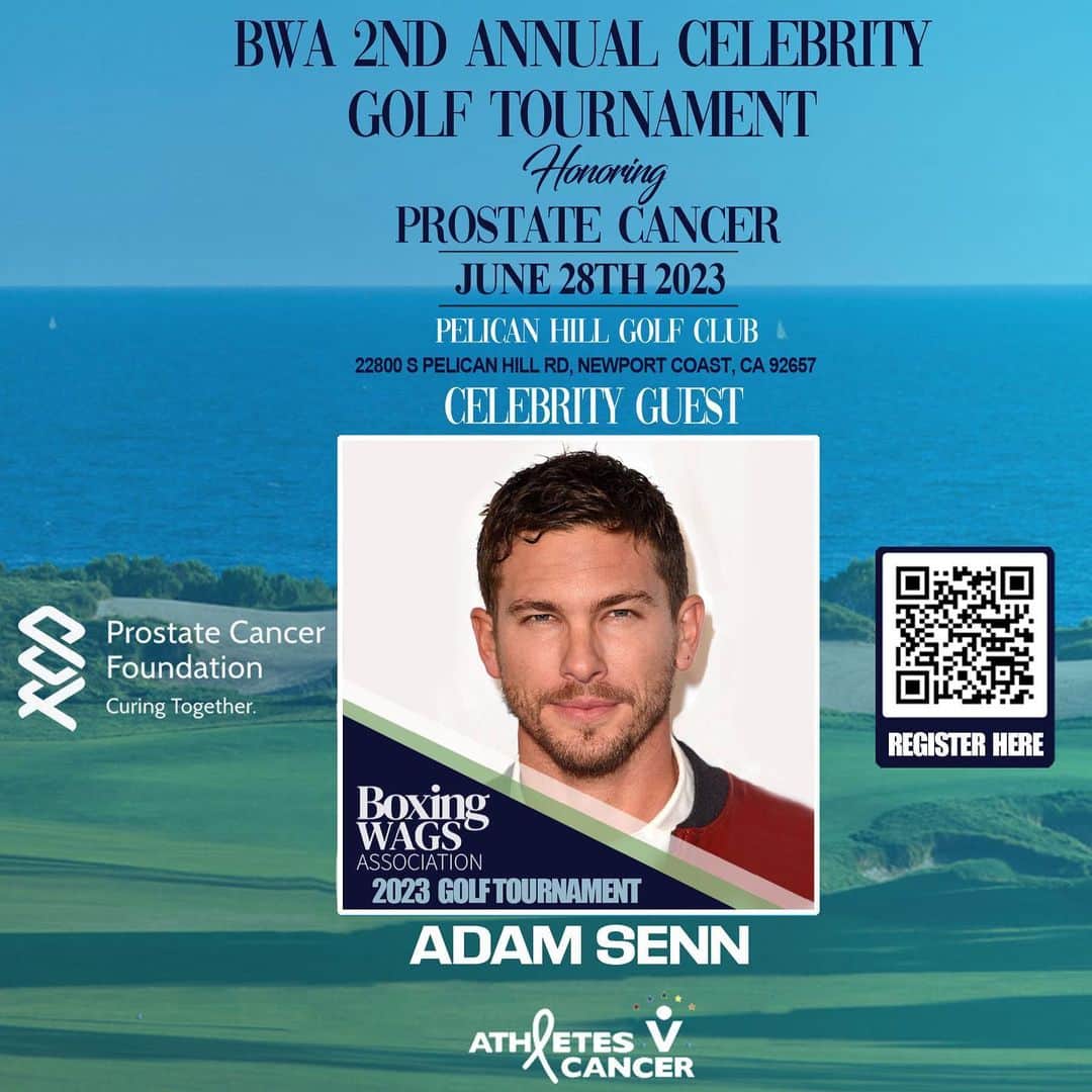 アダム・センのインスタグラム：「Excited to @adamsenn golfing at our 2nd Annual Celebrity Golf Charity event @prostatecancerfoundation @pelicanhillgolfclub June 28. Register using QR code or visit Boxingwagsassociation.org」