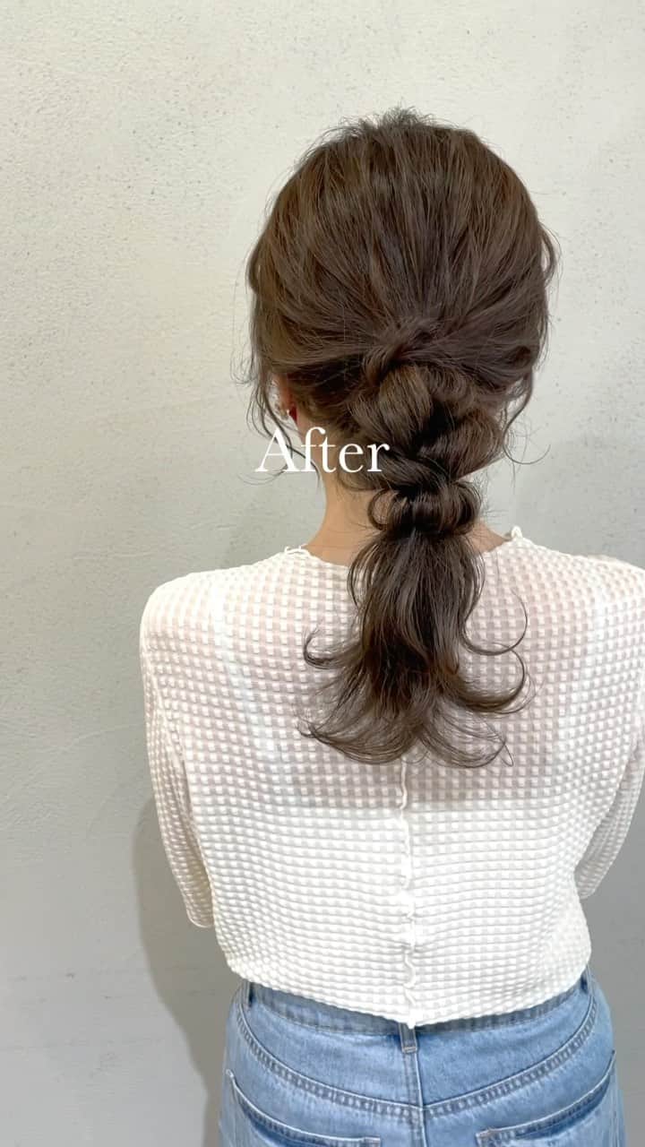 吉田達弥のインスタグラム：「お客様 Before After ✨  cut ✂︎ 前上がりに毛先カットして 表面にレイヤーと顔まわりにおくれ毛を作りました✂︎  color 夏に向けて赤みを取る シアーミントベージュに🍃  styling ふわっと表面ミックス巻きにしました💫  hair arrange 今日は30度近い気温なので ポニーテールアレンジにしました👏  #ポニーテール　#レイヤーカット　#ヘアアレンジ」