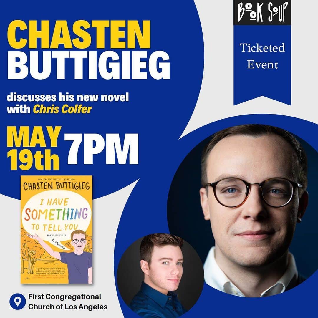 クリス・コルファーのインスタグラム：「Very excited to sit down with @chasten.buttigieg this Friday and chat about his new book! Tickets are still available if you want to join! 🤓📖🏳️‍🌈 @booksoup #ihavesomethingtotellyou」