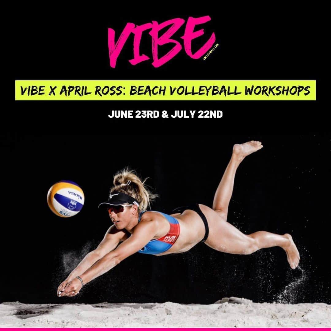 エイプリル・ロスのインスタグラム：「Excited to be partnering with @vibevolleyballlab to run a couple of beach volley workshops this summer!🏖️🏐☀️  Check out the second slide for all the deets! 👊🏼 (Spots are pretty limited so don’t wait!)  🔗 link in my bio to sign up!」