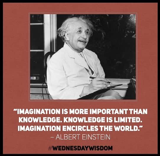 アルベルト・アインシュタインのインスタグラム：「#WednesdayWisdom: “Imagination is more important than knowledge. Knowledge is limited. Imagination encircles the world.” – Albert Einstein」