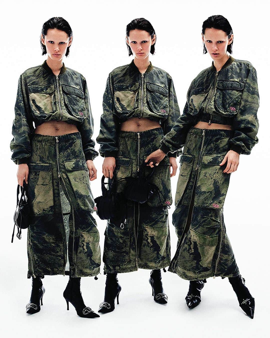 ディーゼルのインスタグラム：「Scenic views.    The Planet Camo print brings a new point of view to camouflage, one of the signatures of the Diesel vocabulary. Prints of views of Earth from space are reworked into camo prints on utilitarian silhouettes — a cropped jacket and slit-front cargo skirt — that blend street and sophistication.   Shop at the link in bio.   #ForSuccessfulLiving」