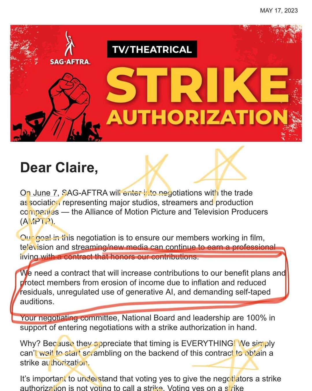 クレア・コフィーのインスタグラム：「THESPS! VOTE YES!  (good thing i have a couple weeks to work on my picket sign copy). #1union @sagaftra」