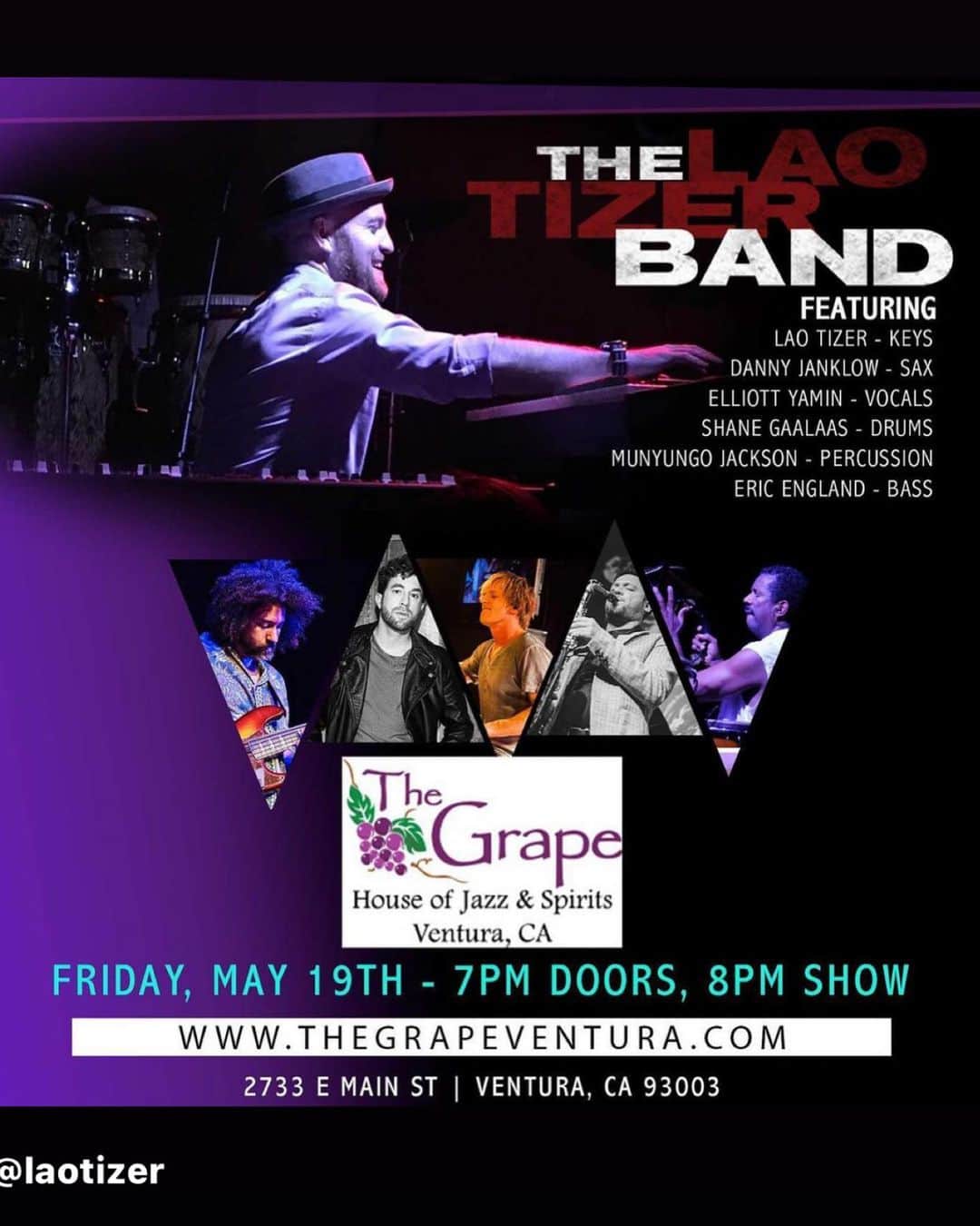 シェーン・ガラースのインスタグラム：「This Friday night up in Ventura. Swing on by & say hi! I’ll be jammin’ w @laotizer and da boyz @thegrapeventura  @singlikeyaminit  @munyungojackson  @ericenglandmusic  @dannyjanklow」