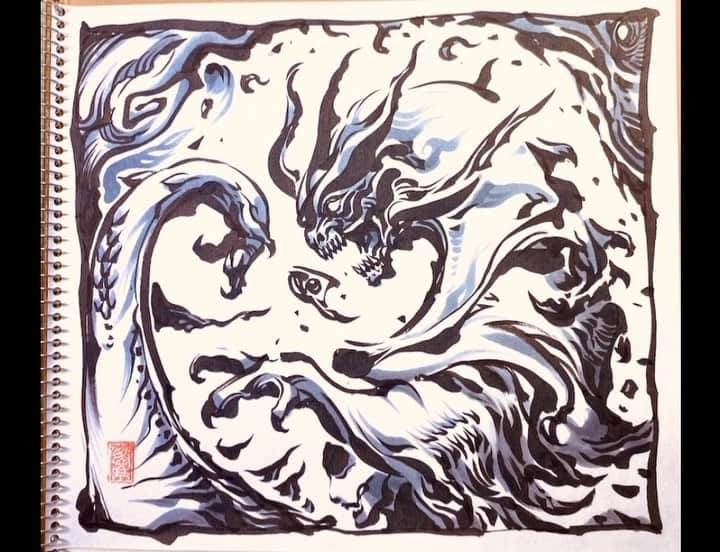 雨宮慶太のインスタグラム：「100。孤高の界獣。想いはカタチになる！#ライブドローイング　#筆練習　#イラスト #dragon  #monster  #sketch #japan  #creature  #fairy  #drawing  #illustration」