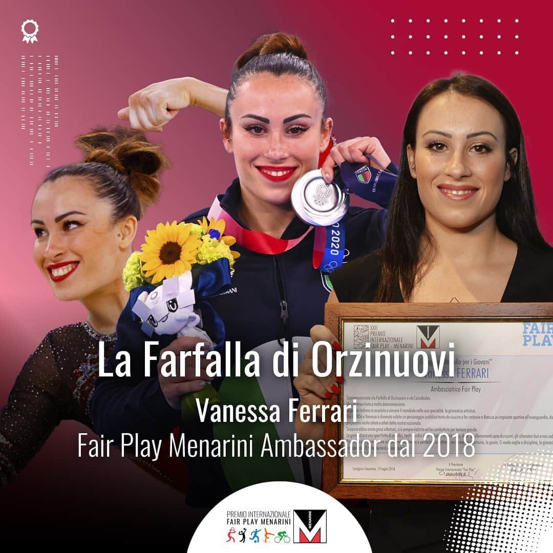 バネッサ・フェラーリのインスタグラム：「Vanessa Ferrari è la stella indiscussa della ginnastica artistica italiana, argento Olimpico a Tokyo 2020 nel corpo libero e Campionessa del mondo nel 2006. 🌟 I suoi volteggi hanno fatto emozionare milioni di telespettatori, con la perfezione dei suoi esercizi che è stata presa ad ispirazione dai tanti neofiti che si sono avvicinati alla ginnastica. 💪🏻 Dopo 20 anni di gare, 4 Olimpiadi alle spalle e i giochi di Parigi 2024 nel mirino, si può facilmente affermare che Vanessa ha riscritto la storia della disciplina, regalandoci tantissime soddisfazioni. ❤️  #FairPlayMenarini #PremioFairPlayMenarini #vanessaferrari」