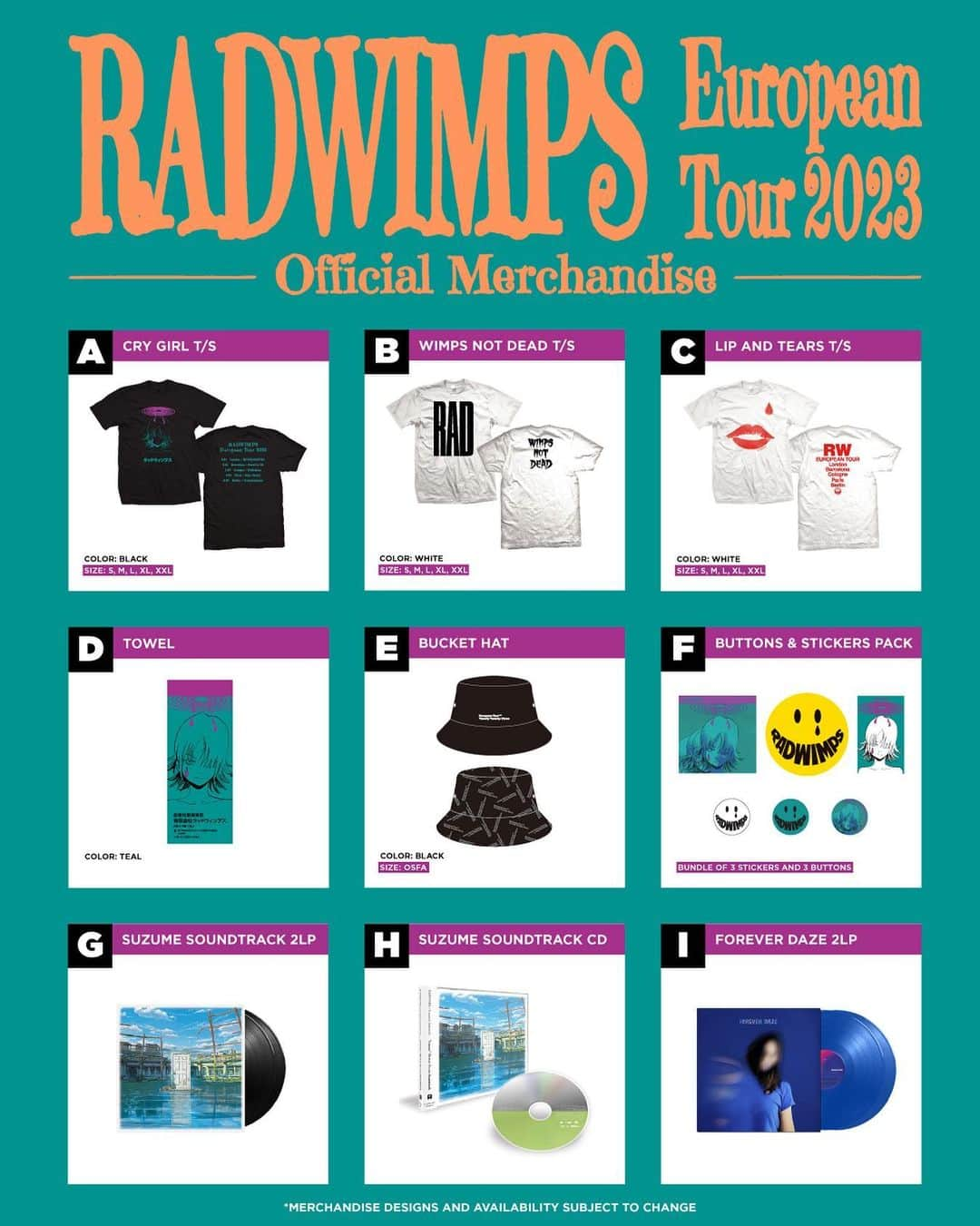 RADWIMPSのインスタグラム：「Check out the merchandise line-up for RADWIMPS European Tour 2023 kicking off this weekend, May 21st!  #RAD_EUROPEANtour2023」