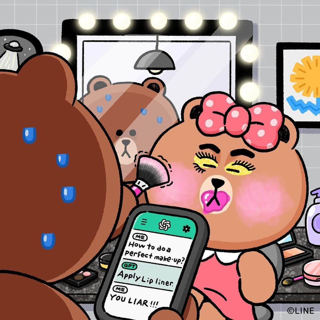 LINE FRIENDSさんのインスタグラム写真 - (LINE FRIENDSInstagram)「I just did as instructed 🐻💦  #BROWN #CHOCO #LINEFRIENDS #ChatGPT #makeup #ruined」5月18日 18時00分 - linefriends