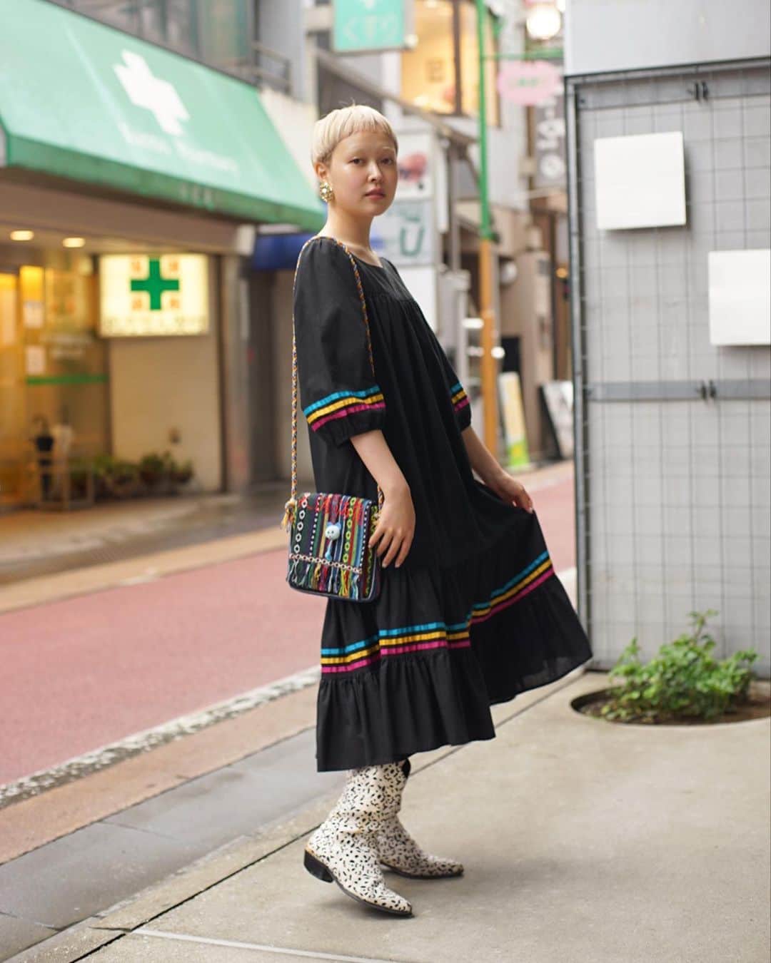 PUNK CAKEのインスタグラム：「❤️ NEW ARRIVAL ❤️ ☑︎ Color tape tiered black dress【SOLD】  Now on sale ➡︎ ONLINE STORE  model / @momooka_koyoi」