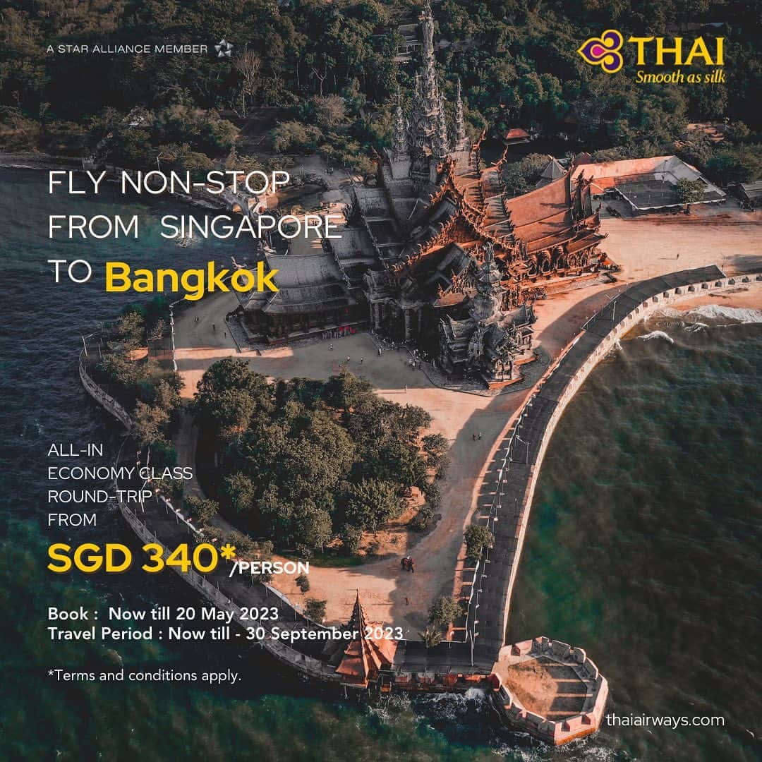 タイ航空のインスタグラム：「Celebrate Thai Airways' 63rd Anniversary with us! Book your flight from Singapore to Bangkok now and enjoy an unforgettable journey. Limited time offer. Book now till 20 May,2023 👉 thaiairways.com or click link our bio.  Travel period : Now till 30 September, 2023 *Terms and Conditions Apply.  #thaiairways #smoothassilk #ThaiAirways63Anniversary #SingaporeToBangkok #thailand #tg  #singapore」