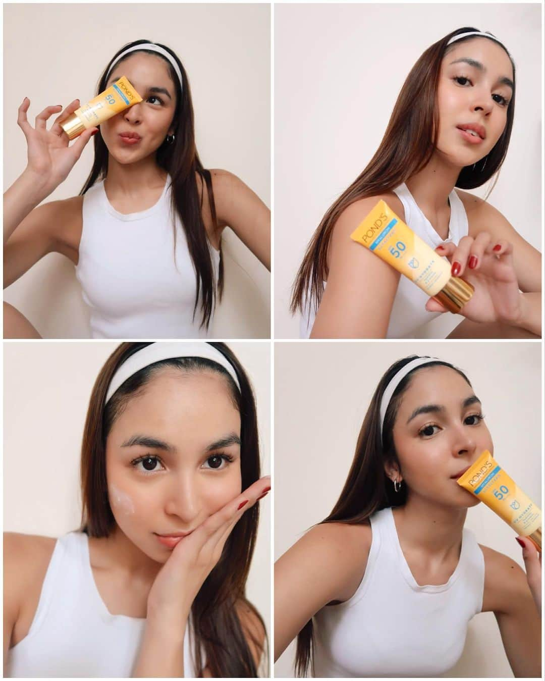 ジュリア バレットのインスタグラム：「Don’t forget your sunscreen, besties! ☀️ Finally found my fave ones from @pondsph. POND'S UV Sunscreen has SPF50++++, leaves no whitecast, and feels lightweight on my skin. Perfect for daily use!  I also get sun protection PLUS skincare benefits all in one product, which I really love 💓  Available in 2 variants: 💧UV Hydrate Sunscreen: UV Protection + Hyaluron for instantly hydrated skin.  ✨UV Bright Sunscreen: UV Protection + Gluta-Niacinamide to help fade dark spots.   Can’t wait for you to try them, too! Get yours now from Watsons, Lazada, or Shopee!   #PondsSPF」