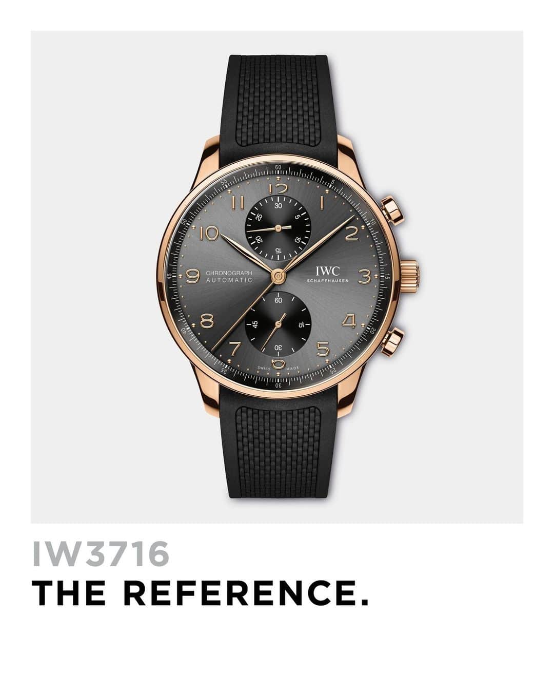 IWCのインスタグラム：「The #IWCportugieser Chronograph (Ref. IW371610) fitted on a sporty black rubber strap with its 18 carat 5N gold case, Arabic numerals and slim feuille hands contrasted with a black dial is the perfect storm of luxury and attitude. Visit your IWC boutique or retailer to discover the variety of strap options available. #TheReference   🔗Link in Bio」