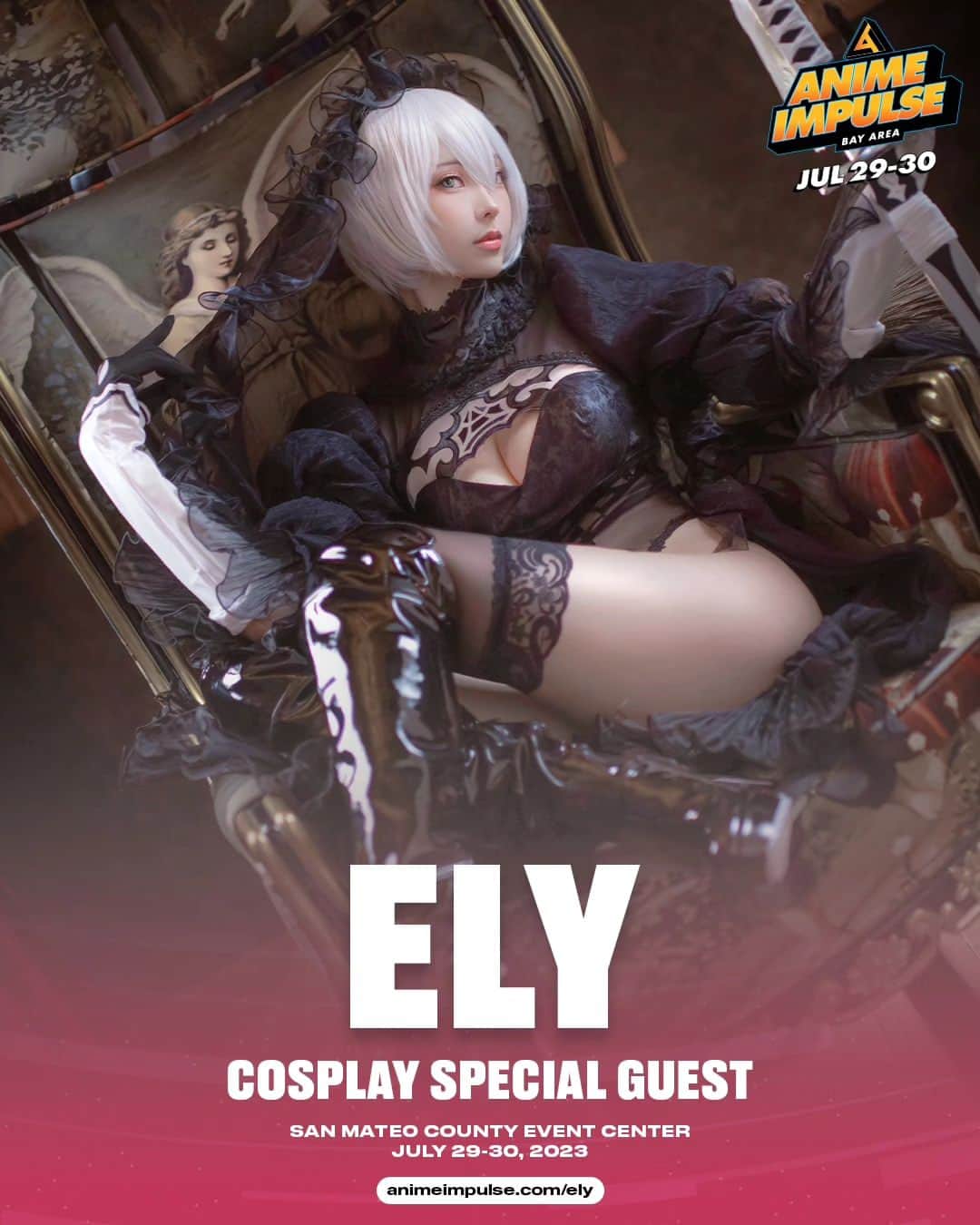 Elyのインスタグラム：「✨ GUEST ANNOUNCEMENT✨  It's been a long time coming, but she's BACK! We are thrilled to have our dear friend and cosplay royalty @eeelyeee guest with us once again at #ANIMEImpulseBayArea2023! 🥳💕  In celebration of her return, we are collaborating with her to release dakimakuras and skatedecks EXCLUSIVELY for ANIME Impulse Bay Area 2023, featuring her immaculate 2B cosplays! 🤍🖤 This will be a limited run, so place your pre-orders on our site NOW!  🛒: www.animeimpulse.com/ely」