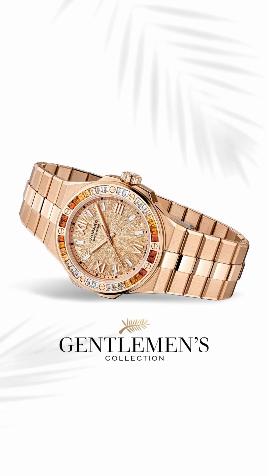 のインスタグラム：「Add a subtle dose of colour to your winning style with the #AlpineEagle Summit.  Sporty, distinctive and powered by the #Chopard 01.15-C automatic movement, this timepiece, crafted from 18-carat Ethical Gold, features a 41 mm diameter case and a choice of rose gold set with orange spessartites. The perfect choice for #CannesFilmFestival.  #Cannes2023 #TheRedCarpetJeweller #Luxurywatch #ChopardSavoirFaire #Craftsmanship #SwissMade」