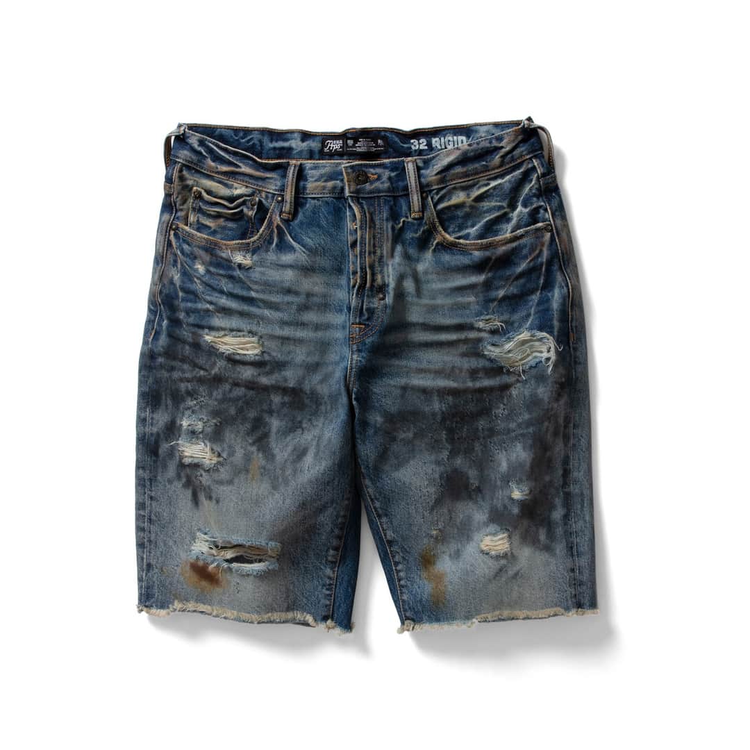 ピーアールーピーエスのインスタグラム：「Aim Shorts | Heavily stained and destroyed shorts with antique tinting.」