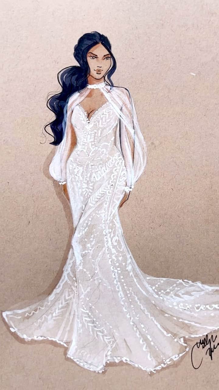 Holly Nicholsのインスタグラム：「Bridal illustration design for @allurebridals inspired by Jasmine 🩷. This gown and more are part of the Disney Fairy Tale Wedding Collection for Allure Bridals #ad #allurebridals #disneyweddings #disneyfairytaleweddings #asmr #asmrsounds #painting #rapunzel」