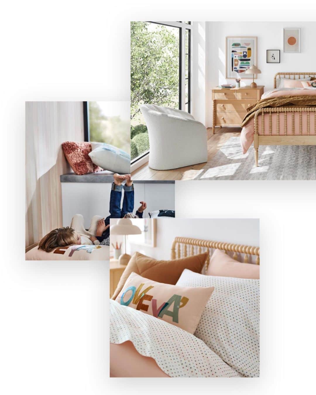 ジャスミン・トゥークスのインスタグラム：「The more, the merrier. Our colorful throw pillows make the style rounds, from the bed to the floor, a favorite chair to a window seat. 💕  #KidsDecor #KidsRoomDesign #KidsRoomInspo #KidsInteriorDesign」