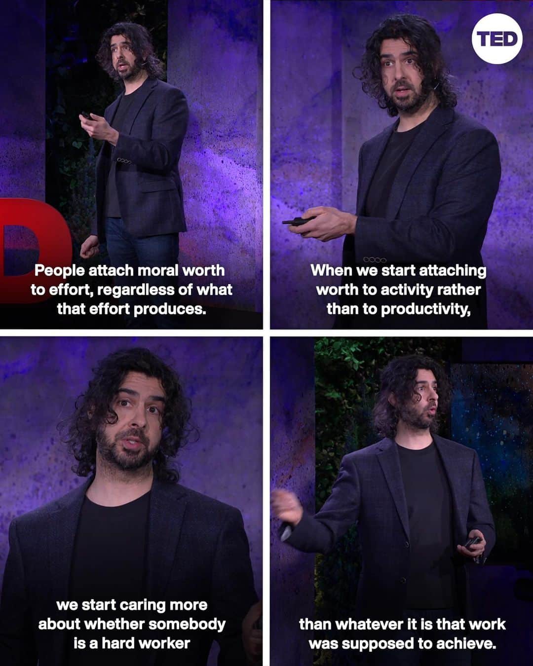TED Talksのインスタグラム：「Does working hard really make you a good person? Not exactly, says social psychologist AzimShariff. In his TED Talk, he explains why we value people who work hard (even if they don't produce results) and how we could reconsider what it *really* means for our culture — at work, home and around the world. Want to learn more? Visit the link in our bio to watch his full talk.   And tell us: Do you think working hard makes someone a good person? 👇」