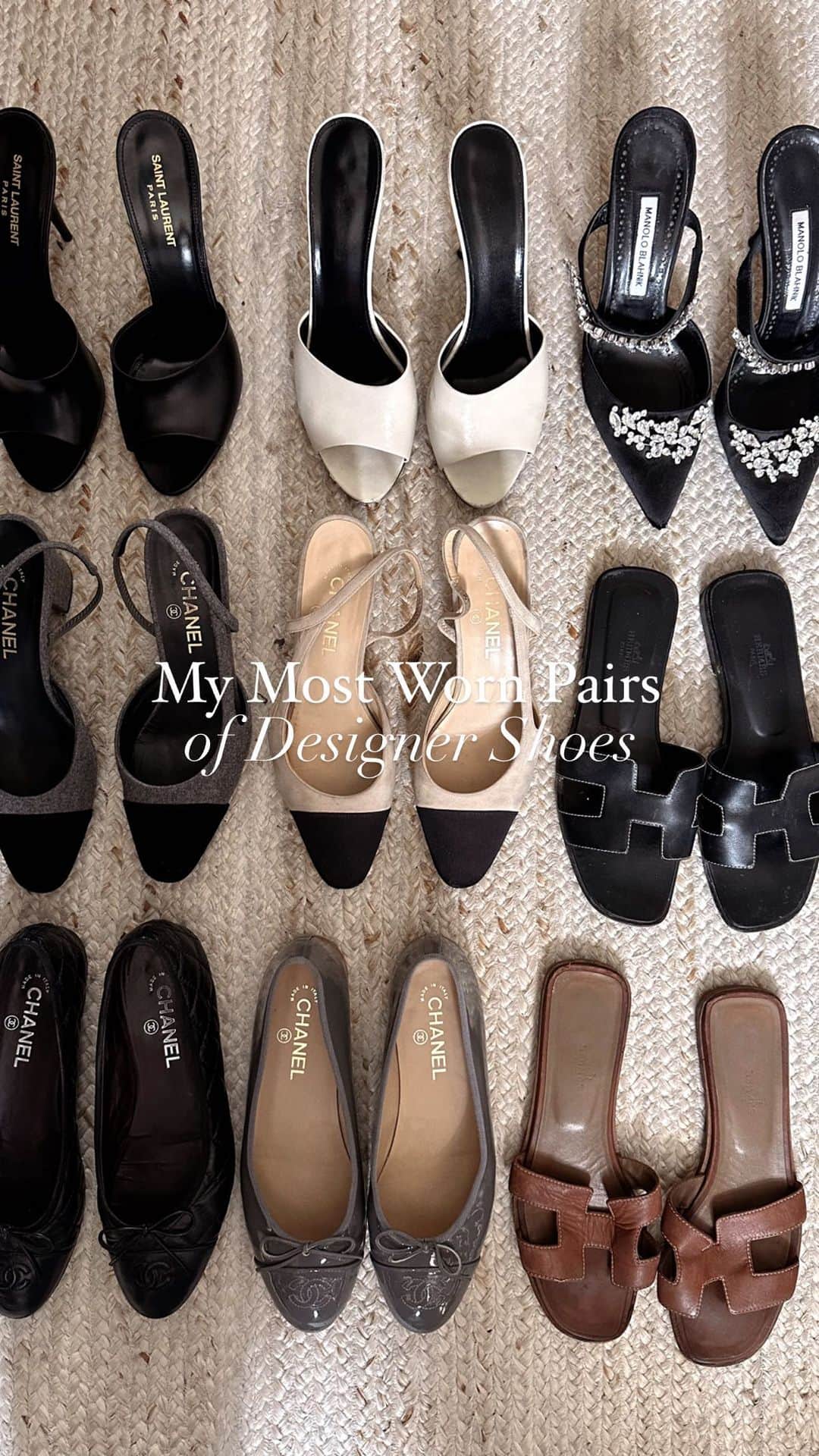 Helena Glazer Hodneのインスタグラム：「Highlighting my most worn and most loved designer shoes. Shown in the following order: Chanel flats (a combo of quilted, classic and slingback flats), Saint Laurent mules, Hermes Oran slides, Manolo Blahnik Lurum heels and lastly, the Chanel slingbacks.   Including my sizing information below. For reference, I am a womens US size 8.5. In most European shoes, I wear a 39 or 39.5. Typically, in European designers, it's a 39.5 and in American designers,  a 39.  +Chanel Flats: These really can vary depending on the style, but I find them all to run small. I wear a 39.5 in all of them, except a 40 in the black quilted pair. In my experience, the quilted styles run very small.  +Saint Laurent Mules: I size up to a size 39.5.  +Hermes Oran: I size up to a 39.5.  +Manolo Blahnik Lurum: These run especially small. I sized up to a 40.  +Chanel Slingbacks, I size up to a 39.5.   Hope you found this helpful! Let me know if you have any questions.  #manololurum #hermesoran #chanelflat #chanelsizing #saintlaurentmule #chanelslingback」
