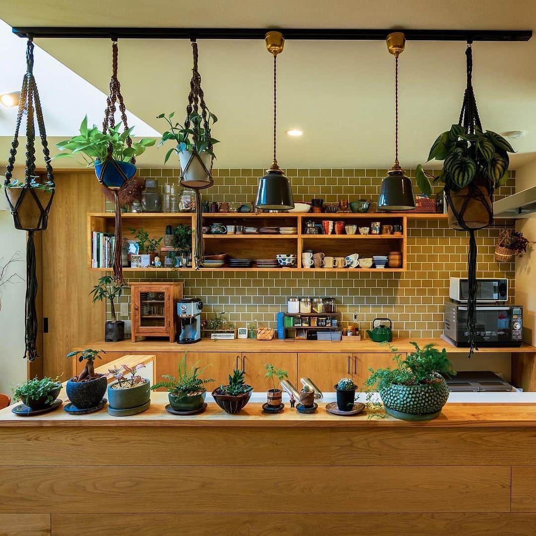 ルポハウス一級建築士事務所さんのインスタグラム写真 - (ルポハウス一級建築士事務所Instagram)「・ ・ ・ 《緑植と共存する家》 Kitchen  落ち着きのあるカーキのタイルと植物がマッチする癒やしのキッチン。 ・ ウッドパネルで仕上げた壁や、見せる収納を楽しむ造作カップボードとも相性抜群です。 ・ ・ ・ 担当設計士/赤尾拓人 @takuhito_akao  ・ ・ ・ 𓐌𓐌𓐌𓐌𓐌𓐌𓐌𓐌𓐌𓐌𓐌𓐌𓐌𓐌𓐌𓐌𓐌𓐌  ルポハウスの施工事例はこちらまで☞ @reposhouse  𓐌𓐌𓐌𓐌𓐌𓐌𓐌𓐌𓐌𓐌𓐌𓐌𓐌𓐌𓐌𓐌𓐌𓐌 #ルポハウス は#ちょっとかっこいい家 を"友人のために" という思いでつくっています。 一生に一度の#マイホーム。 「あなたにしかできない」×「ルポハウスだからできる」で、 私たちだけの#家づくり を思いっきり楽しんでみませんか？！ ・ ・ ・ #住宅 #注文住宅 #新築一戸建て #デザイナーズ住宅  #一級建築士事務所 #設計事務所 #滋賀県の設計事務所 #キッチン #キッチンインテリア #ラクシーナキッチン #造作カップボード #キッチン腰壁 #ウッドパネル #ニッシンイクス #ナララスティック #名古屋モザイクタイル #ピュリティ #無垢床 #クリ床材 #インテリアグリーン #ハンギンググリーン #ダイニング #ダイニングインテリア #吹き抜けダイニング」6月2日 20時00分 - reposhouse
