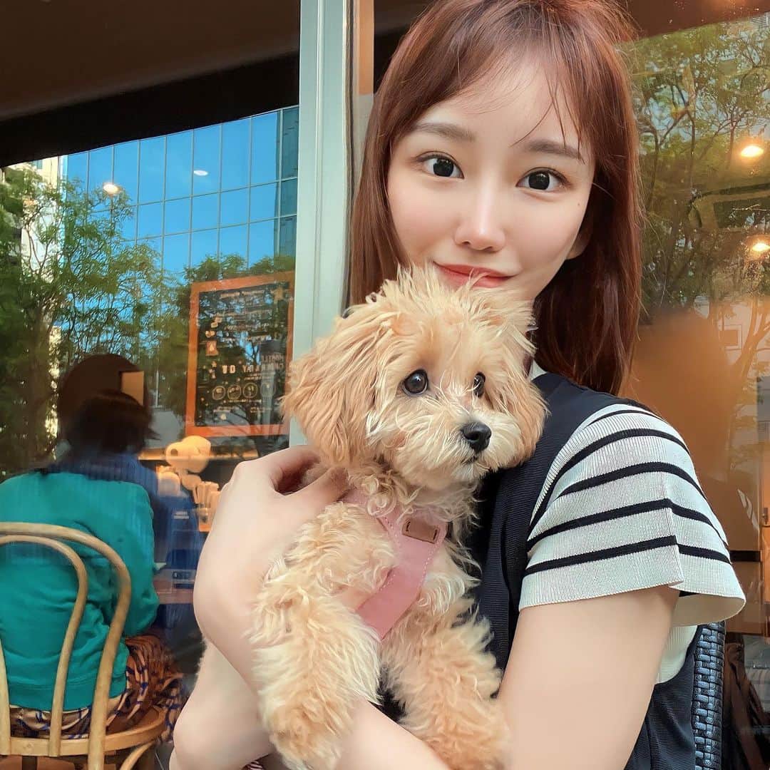 若菜奈央のインスタグラム：「相棒🐻と近所のカフェ☕️ こないだ生まれたばっかりだと思ったらもう発情期ですとか言われてママは複雑な気持ちです☁️ . . . . . .」