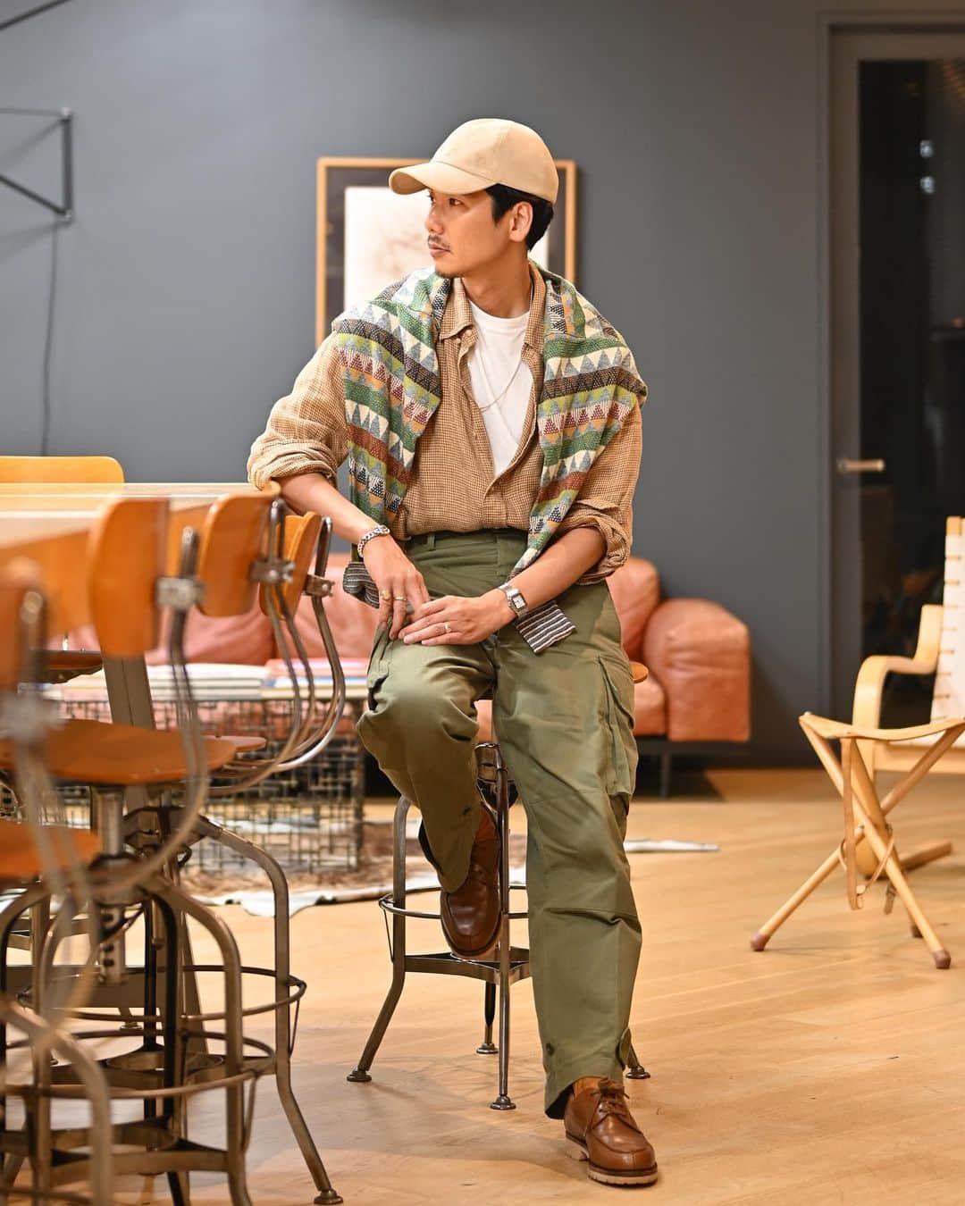 Shuhei Nishiguchiのインスタグラム：「"Just Effortlessly"◀︎◀︎◀︎7pics 大雨の本日は緩いカジュアルスタイルで。  【ITEM】 Shirt： @poloralphlauren  T-shirt： @beams_f  Trousers： @tangent.clothing_official  Shoes： @jmwestonofficial  Watch： @cartier 80's Cap： @helen_kaminski  Knit： @missoni  #beamsf #mensstreetstyle #mensclothing #vintagefashion #vintagewatch #mensweardaily #spezzatura #outfitmen」