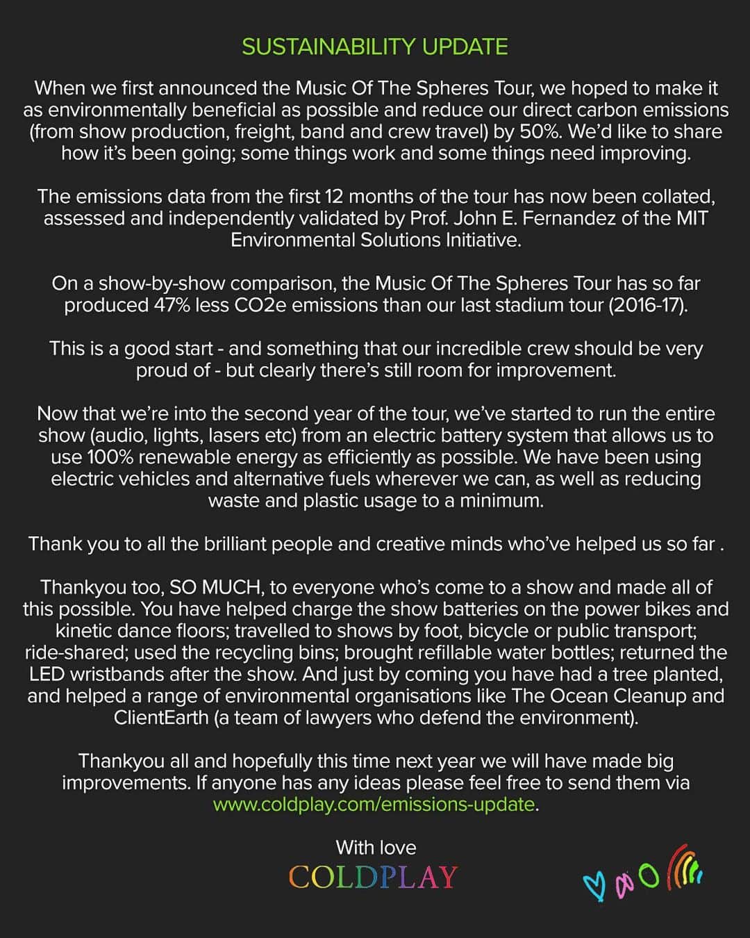Coldplayのインスタグラム：「An update on our sustainable touring initiatives 💚  More info at link in bio  #MusicOfTheSpheresWorldTour」