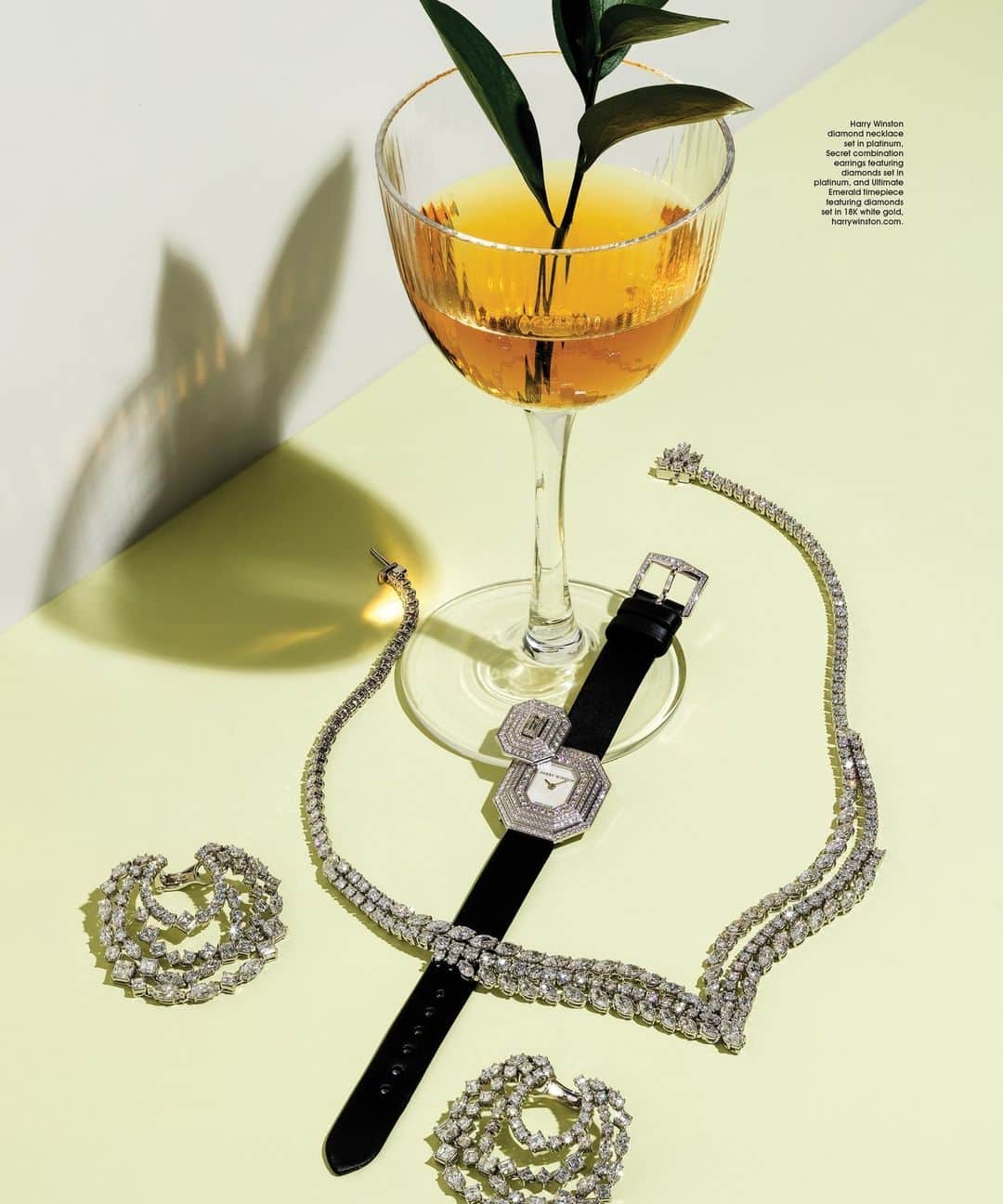 ハリー・ウィンストンのインスタグラム：「@ModernLuxury captures the striking look of the Secret Combination Hoop Earrings, V-Shaped Diamond Necklace, and Emerald Signature timepiece by #HarryWinston. #HWEmerald  Photographer: @brianklutch Editor: @fayevandevrede」