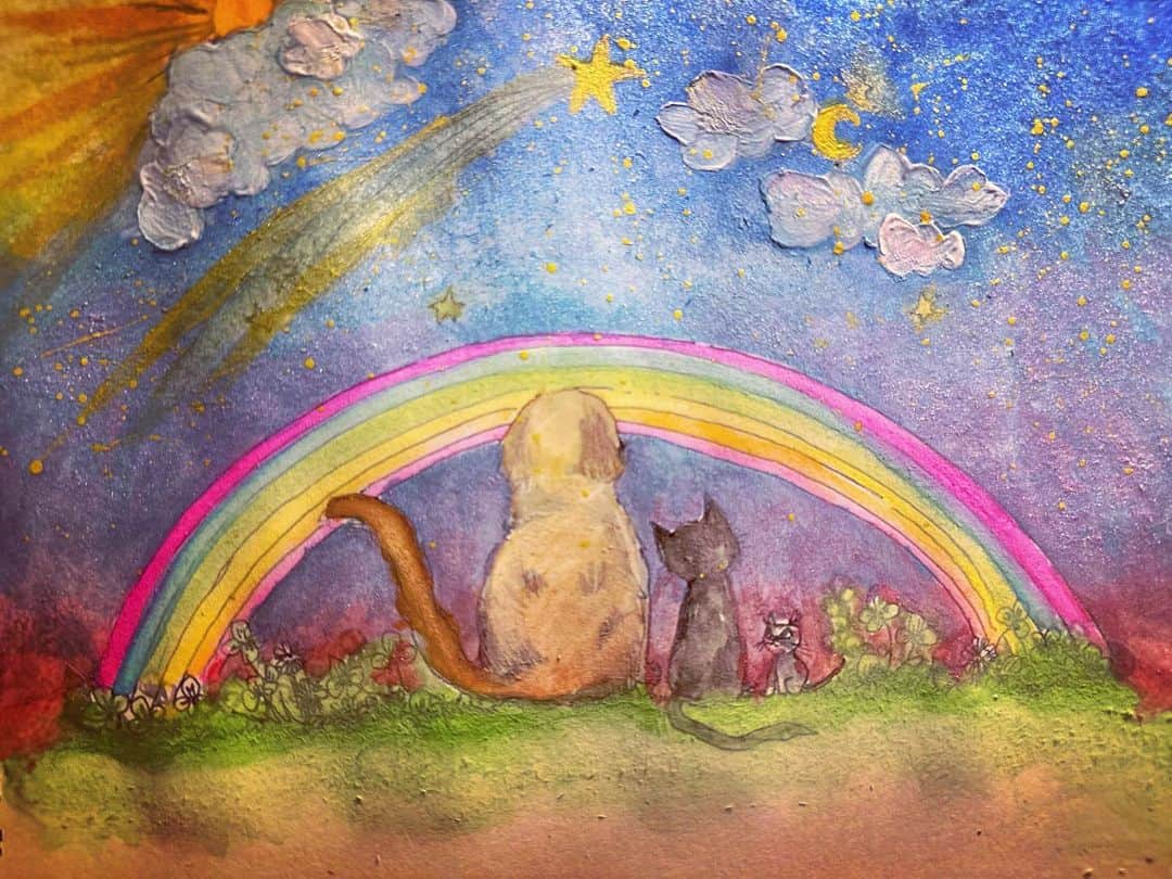 澤田友美のインスタグラム：「Water color painting.🎨🐕🐈‍⬛💕」