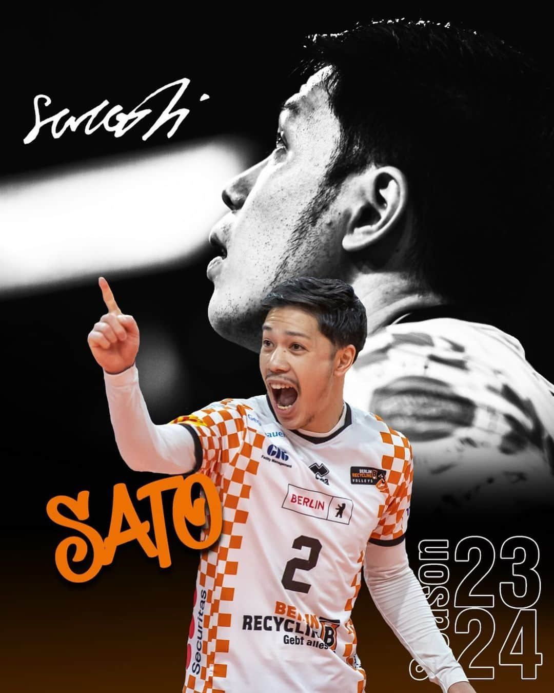 井手智のインスタグラム：「🟠 BR Volleys Team 23/24 ⚫️  Auch in der nächsten Saison ebenso konstant wie spektakulär in unserem Trikot: Libero @satoshi________________ 🔥  Satos Annahme- und Abwehrkünste werden den #Volleyballtempel und das Bouncehouse weiterhin verzaubern 🪄   #Tsuiki2024 📜✍️ • #BRVolleys #volleyballtempel #berlin #volleyball #tsuiki #sato #roster #team #season23_24 #vbl #volley #voleibol #volei #siatkówka #pallavolo」