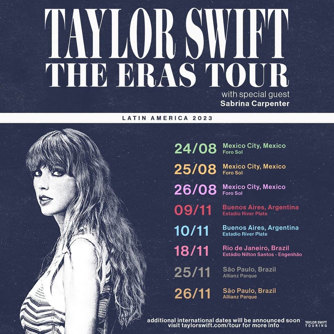 のインスタグラム：「Really thrilled to tell you this!! Mexico, Argentina and Brazil: We are bringing The Eras Tour to you this year! Sweet angel princess @sabrinacarpenter will be joining us on all of the shows! Visit taylorswift.com/tour for more information on your registrations, pre-sales and on-sales.    LOTS more international dates to come soon, promise!」