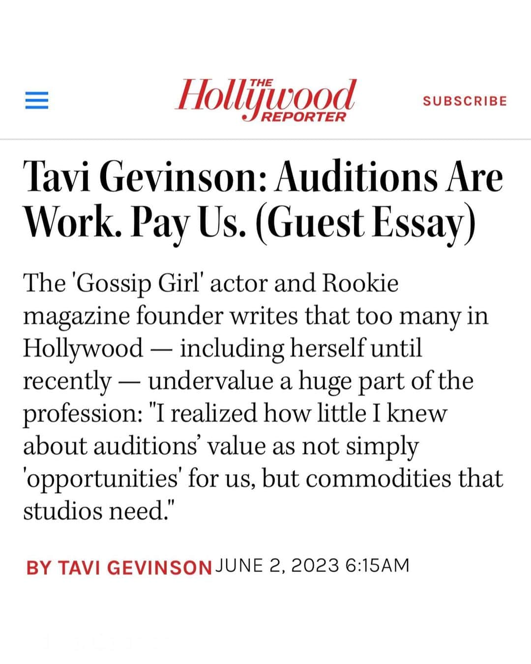 タヴィ・ゲヴィンソンのインスタグラム：「Audition pay is in the @sagaftra contract but most performers don’t know about it! So I wrote this for @hollywoodreporter using what I’ve learned as a founding volunteer of @auditionsarework. I tried to distill our amazing group’s work over many months and to understand why it’s somehow radical for actors to talk about their owed wages. Link in bio to read in full ☀️ Thank you @vanessalchester @teeocho @iamtelesmar @carynwestsfa for refining these points with me 💛 join us Thursdays on zoom for @auditionsarework office hours 😃」