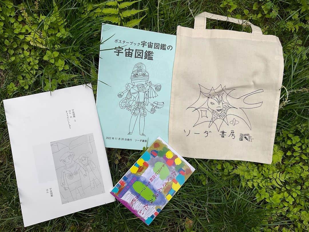 山崎ナオコーラのインスタグラム：「こう、ソーダ書房の本も、文学フリマでいろいろと並べる予定です。  詩集、イラスト集、エコバッグなど、 ソーダ書房社員の宇宙図鑑（7歳）ほん（3歳）の手によるものもございます。  『たくさん読みたい』は私がここ5年くらいの間に書いた書評（東京新聞に連載している「3冊の本棚」やその他の媒体で好きな本のことを単発で発表した文章など）を集めたもので、表紙は宇宙図鑑によるイラストです。  すみません、こういうのを、強気で並べちゃって……。  #文学フリマ　#ソーダ書房」