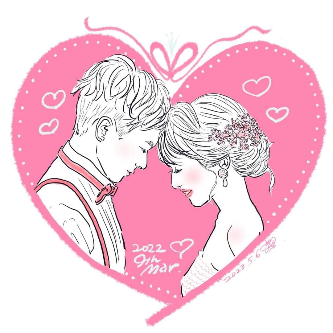 おおたうにのインスタグラム：「いとこの娘さんである、@t____8426  ちゃんの結婚式用イラストを描きました❣️  私の中では真っ黒の大きなお目目でじーっと上目遣いの、膝丈くらいの小さな女の子の姿なんだけど、 いつの間にやら綺麗なお嬢さんになっていて、超お似合い！の旦那さんと結婚しててびっくり😳✨ さらに、お父ちゃんのイトコってだけであんまり遊んだこともない私を憶えててくれて、声かけてくれたことにもびっくりなんだが。  2人ともとっても可愛いので、描き応え満載でした🤍 たまちゃん、お幸せに🕊💕  #illustration #weddingillustration #おめでとう #outauni #おおたうに #イラスト」