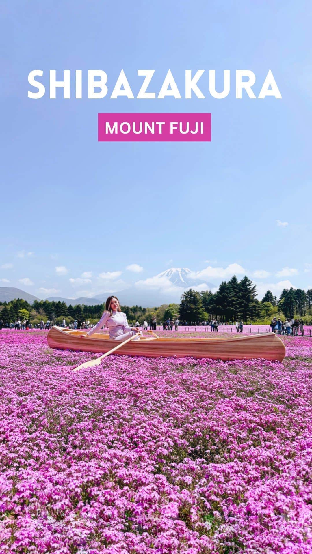 Stella Leeのインスタグラム：「SAVE THIS FOR NEXT YEAR TRAVEL  📸🌸 𝗙𝗨𝗝𝗜 𝗦𝗛𝗜𝗕𝗔𝗭𝗔𝗞𝗨𝗥𝗔 𝗙𝗘𝗦𝗧𝗜𝗩𝗔𝗟 🌸📸  Every year, the enchanting Mt. Fuji area in Japan comes alive with a mesmerizing carpet of vibrant pink Shibazakura (Moss Phlox) flowers for the Fuji Shibazakura Festival. This majestic spectacle attracts around 500,000 visitors each year, offering a chance to bask in the allure of this unique pink panorama, set with the majestic Mt. Fuji in the backdrop - a sight to behold when the weather is clear!  Held annually from mid-April to late May, the festival takes place in the Fuji Five Lakes region, specifically in the Lake Motosu area. While enjoying the blooming flowers, you can also participate in the food festival offering mouth-watering local delicacies!  Make sure to grab your camera and capture your memories next to the iconic yellow ‘Doko Demo Doa’ - Doraemon’s ‘Anywhere Door’, and the quaint wooden boat. Fair warning, you might have to queue up a bit for these popular photo spots!  Getting there from Tokyo is relatively easy. Take a highway bus from the Shinjuku Expressway Bus Terminal to Kawaguchiko Station, which takes about 1.5 to 2 hours. From Kawaguchiko Station, you can take a shuttle bus to the festival site.  Mark your calendars for this ethereal experience! Let’s welcome spring in the most unforgettable way amidst the sea of pink flowers under the shadow of Mt. Fuji. 🌸🗻✨」