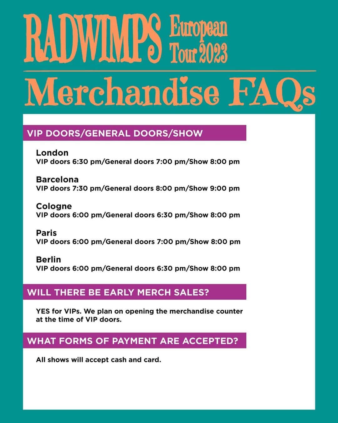 RADWIMPSさんのインスタグラム写真 - (RADWIMPSInstagram)「Make sure to check the merchandise FAQs for European Tour 2023 before coming to the show!  #RAD_EUROPEANtour2023」5月20日 3時56分 - radwimps_jp