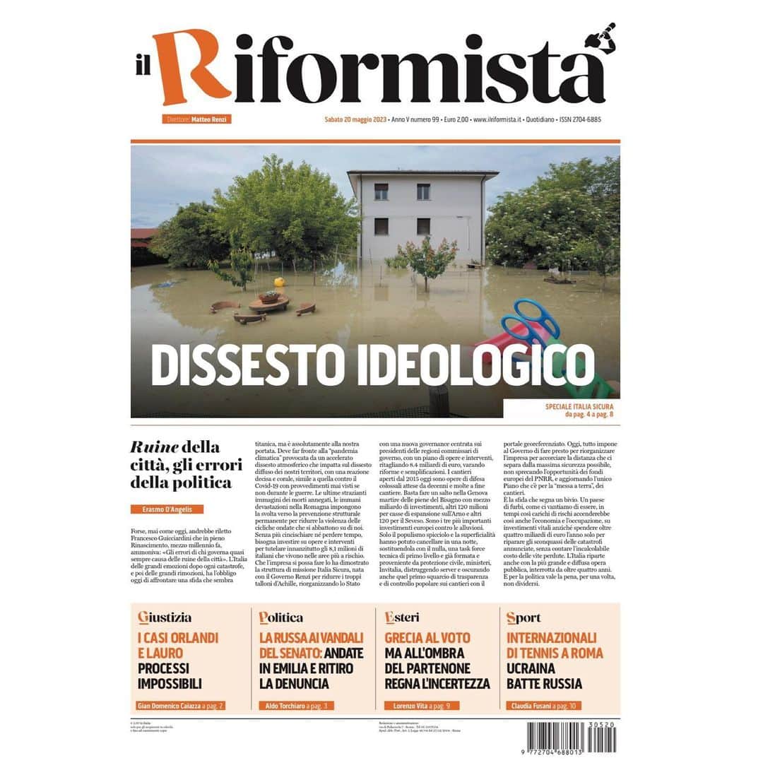 マッテオ・レンツィのインスタグラム：「Bravissimo Erasmo D’Angelis da Bruno Vespa a Cinque Minuti sul dissesto idrogeologico. E domani Il Riformista esce con uno speciale di cinque pagine sullo scandalo di #ItaliaSicura #Alluvione」