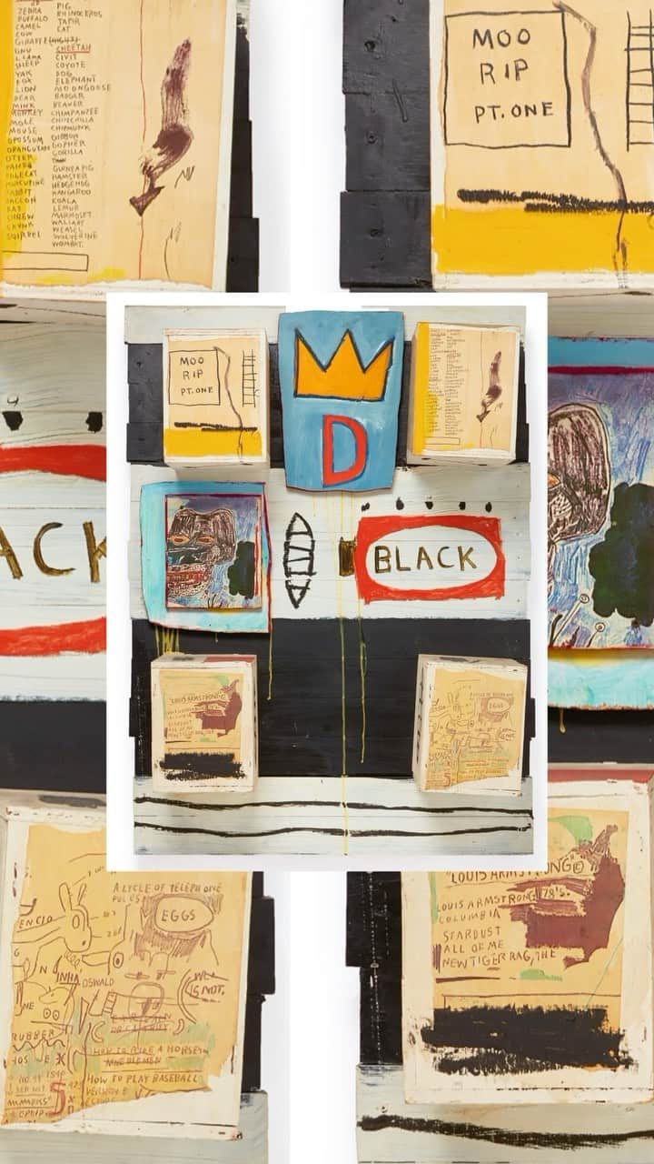 クリスティーズのインスタグラム：「Presenting Jean-Michel Basquiat’s masterpiece, ‘Black’ – an important work from the latter years of the artist’s short life and is the front cover of the artist’s catalogue raisonne slipcase.    Three-pointed crown, a heroic head, an encyclopaedic display of words and images… Do you recognise these signature elements in Basquiat’s work here? How many other motifs can you spot?   The present work will be offered for auction in our 20th/21st Century Art Evening Sale on May 28.   We welcome you to view this exceptional artwork at the Hong Kong Convention & Exhibition Centre from May 25.   JEAN-MICHEL BASQUIAT (1960-1988). ‘Black‘, 1986 Estimate HK$55,000,000 – 75,000,000    Preview: May 25 – 27, 10:30AM – 6:30PM HKT Hong Kong Convention & Exhibition Centre   Live Auction: May 28 20th/21st Century Art Evening Sale    #christies #hongkong #christieshk2023 #basquiat #art #auction」
