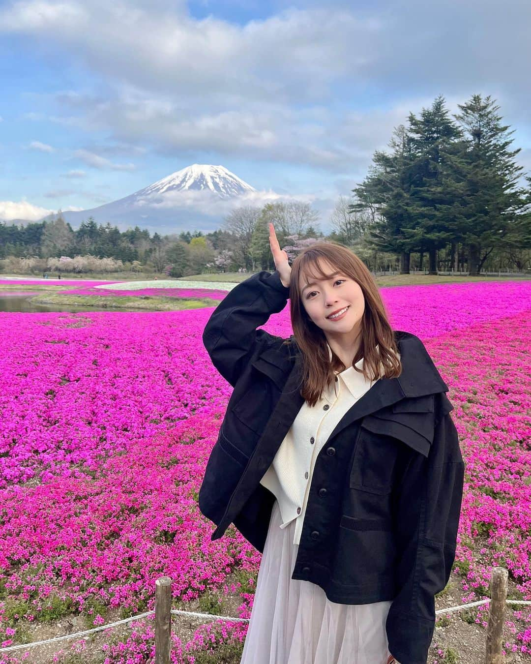 澤井志帆のインスタグラム：「.2023.5.19 ⁡ 先月楽しんだ富士芝桜まつり🌱🌸 ⁡ 曇天でしたが途中奇跡的に富士山が顔を出してくれました✨ 絶景！ ⁡ #DaiichiTV#アナウンサー#芝桜#富士芝桜まつり#富士本栖湖リゾート#富士山#山梨観光#本栖湖」