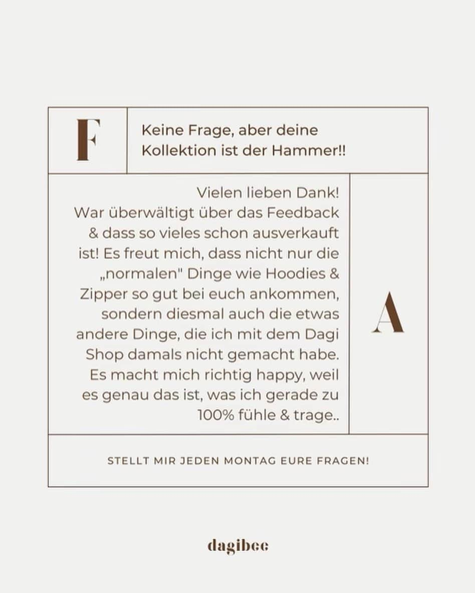 Dagi Beeさんのインスタグラム写真 - (Dagi BeeInstagram)「Eure Fragen der Woche 🫶🏼 Das erste mal kn einem Feedpost zusammengefasst ✨ was haltet ihr von der Idee, dass ich das nach jeder „10 Fragen am Montag“ Runde mache ?  Schreibt mir eure Gedanken zu den Fragen - bin gespannt 🤍 #10FragenamMontag」5月19日 21時00分 - dagibee